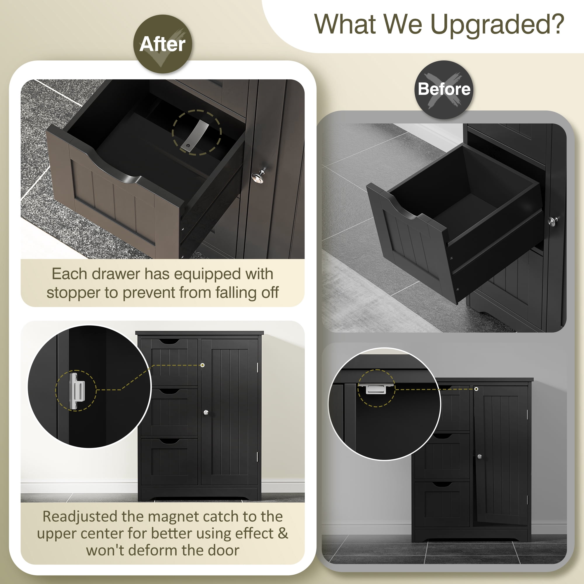 HomGarden 31.5-in Bathroom Floor Cabinet Freestanding Storage Organizer W/ 3 Drawers & Adjustable Shelf for Living Room, Entryway, Black