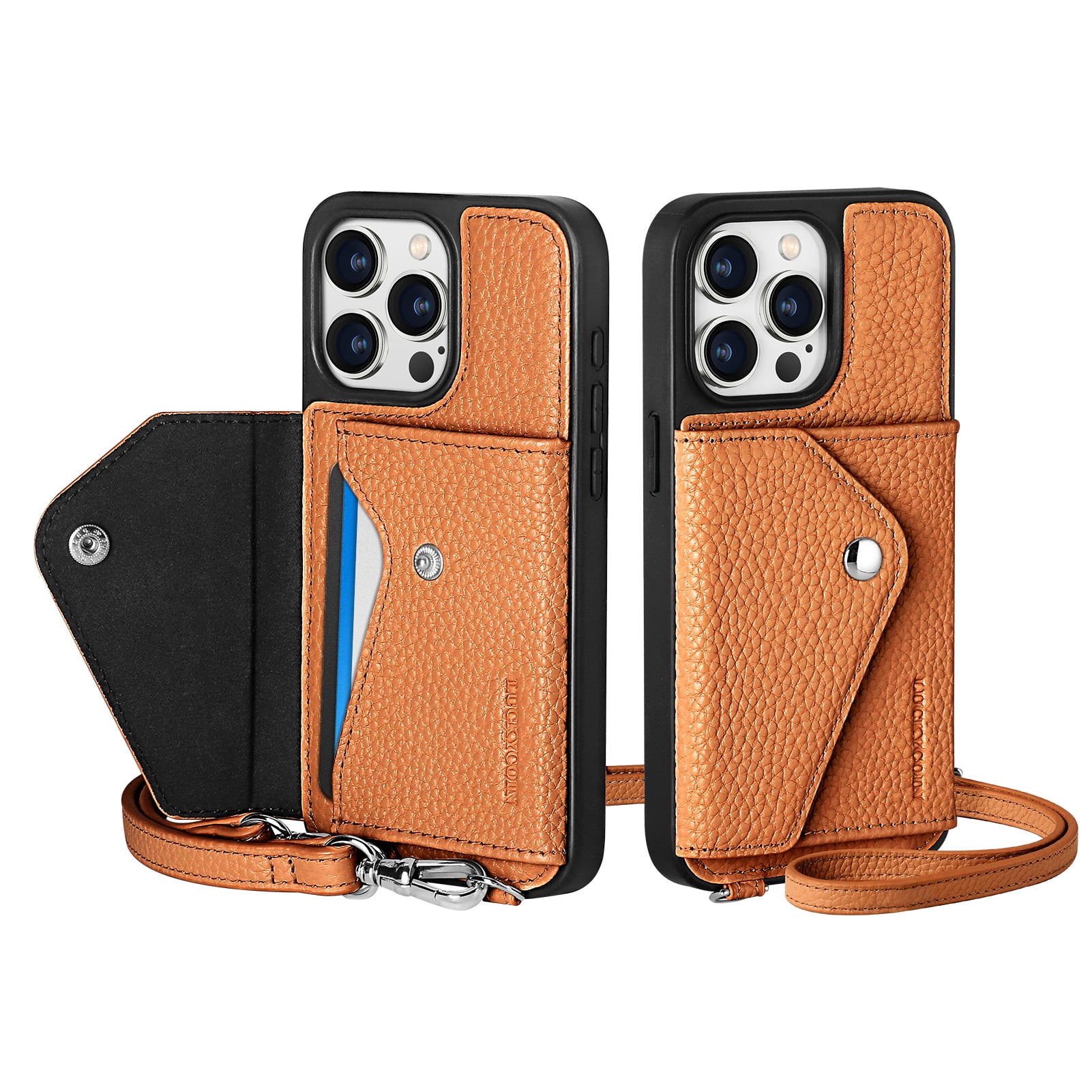 Handmade Genuine Leather Crossbody Wallet Phone Case for Apple iPhone 15 Pro 6.1-Inch,with Strap and Flip Wallet Card Holder,Shockproof Durable Scratch Protective