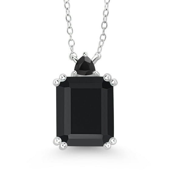 Gem Stone King 925 Sterling Silver Black Onyx Pendant Necklace for Women (5.89 Cttw, Gemstone Birthstone, Emerald Cut 12X10MM, Trillion 3.5MM, with 18 inch Chain)