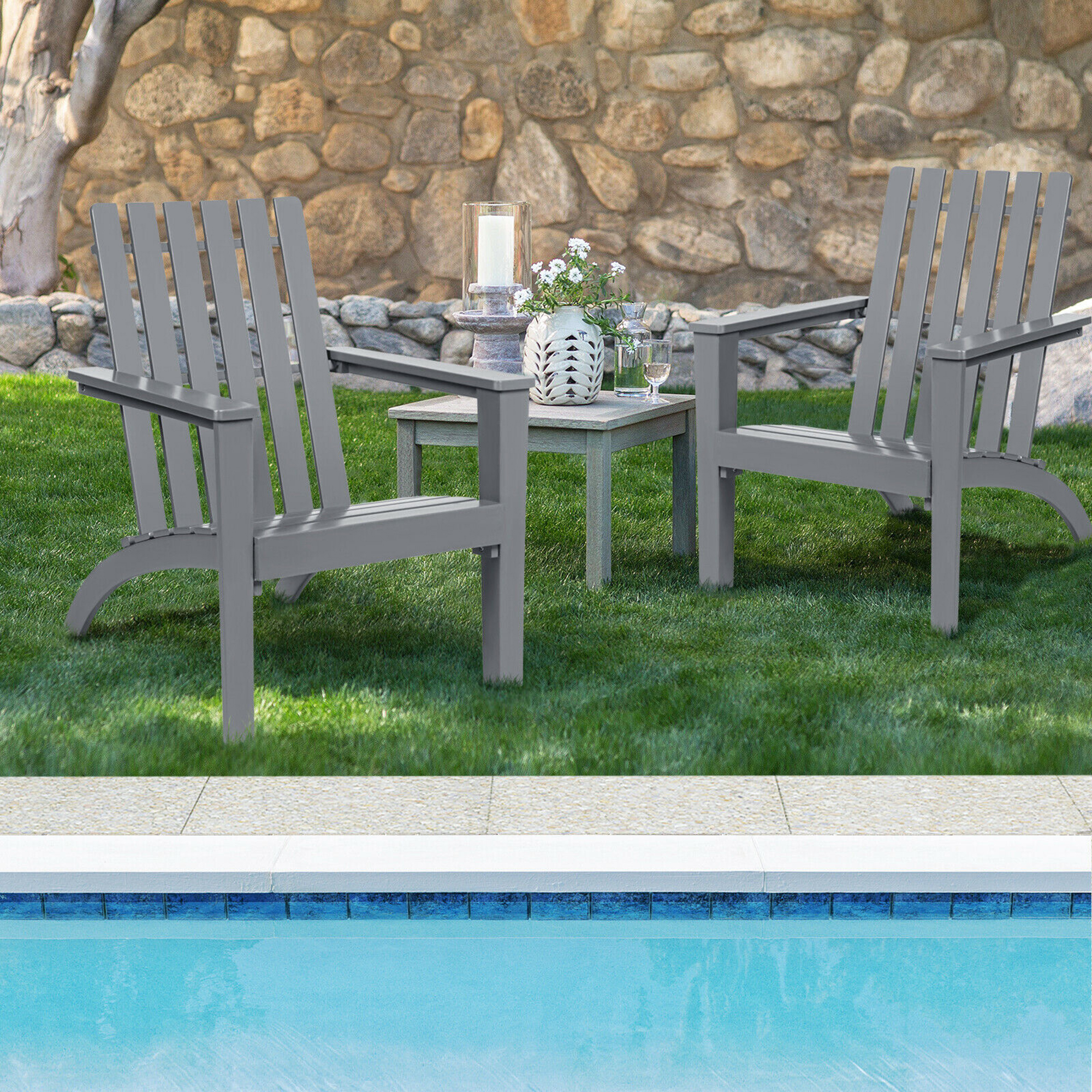 Gymax Set of 2 Outdoor Wooden Adirondack Chair Patio Lounge Chair w/ Armrest Grey