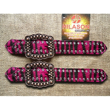 C139 HILASON WESTERN PINK ZEBRA HAIR ON LEATHER SPUR STRAPS ADULT COPPER BUCKLE