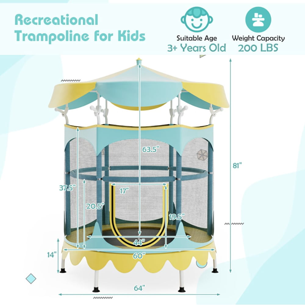 Spaco 64" Kids Trampoline with Detachable Canopy and Safety Enclosure Net-Yellow, Bounce Trampoline for Outdoor as Garden, Park
