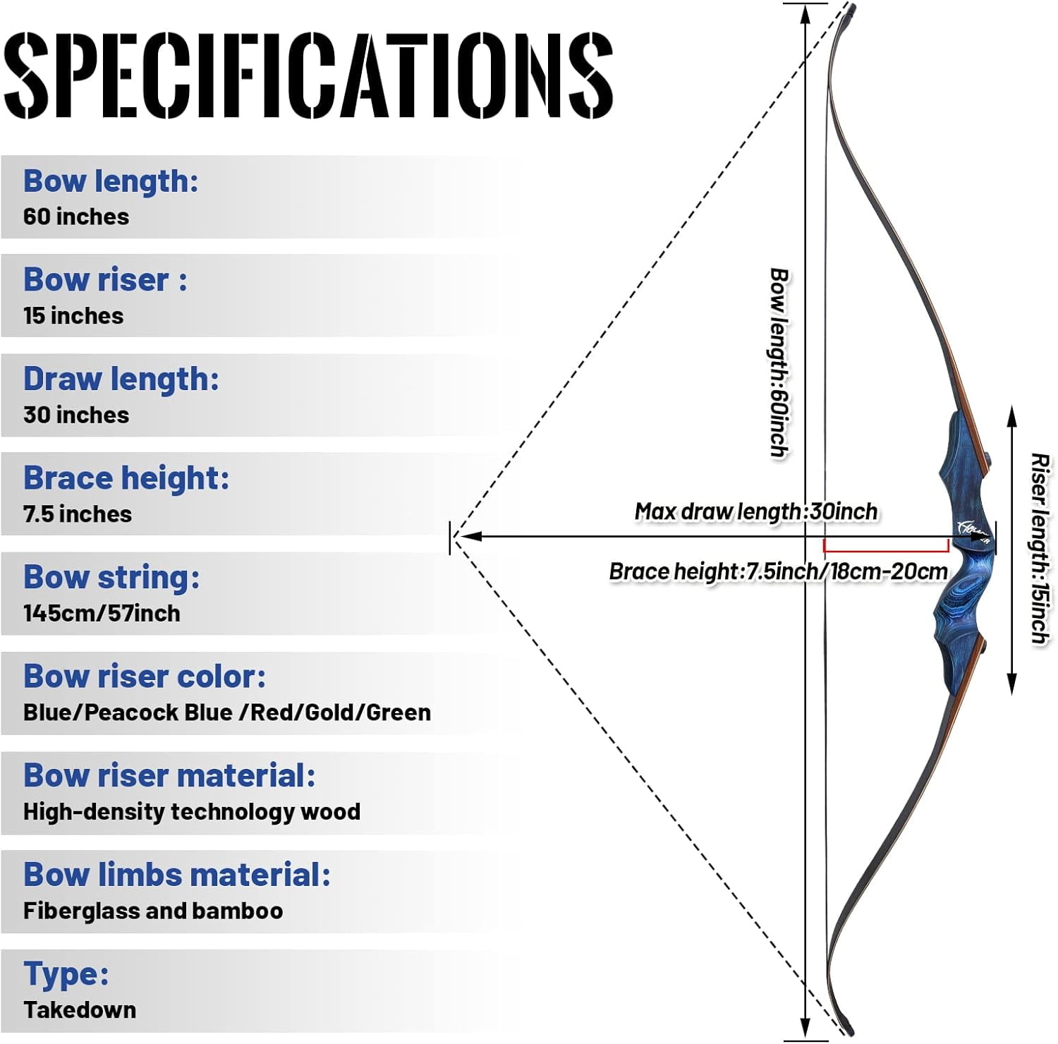 60" Black Hunter Archery Takedown Recurve Bow for Adults 5 Color Choice Recurve Bow Set 20-60lbs Solid Wood Bow Riser Bow and Arrow Adult for Hunting Archery Bow LH RH