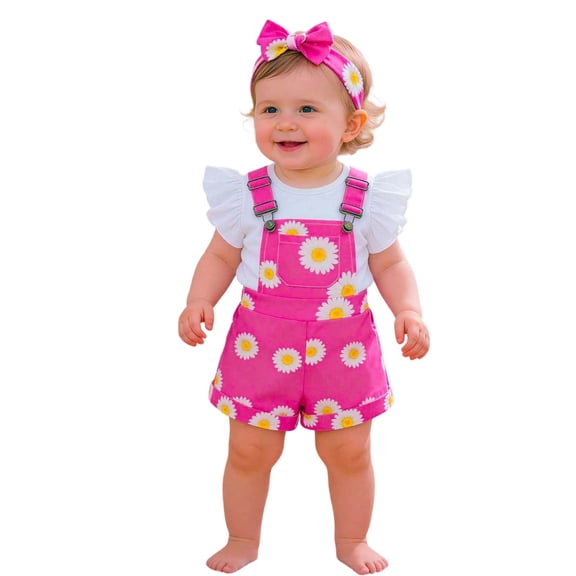 JAJAHO Baby Girl Clothes Summer 3 Piece Sets Romper Outfits Sleeveless Ruffle Bodysuit Floral Suspender Shorts With Headbands 3-24M Comfortable Outfit
