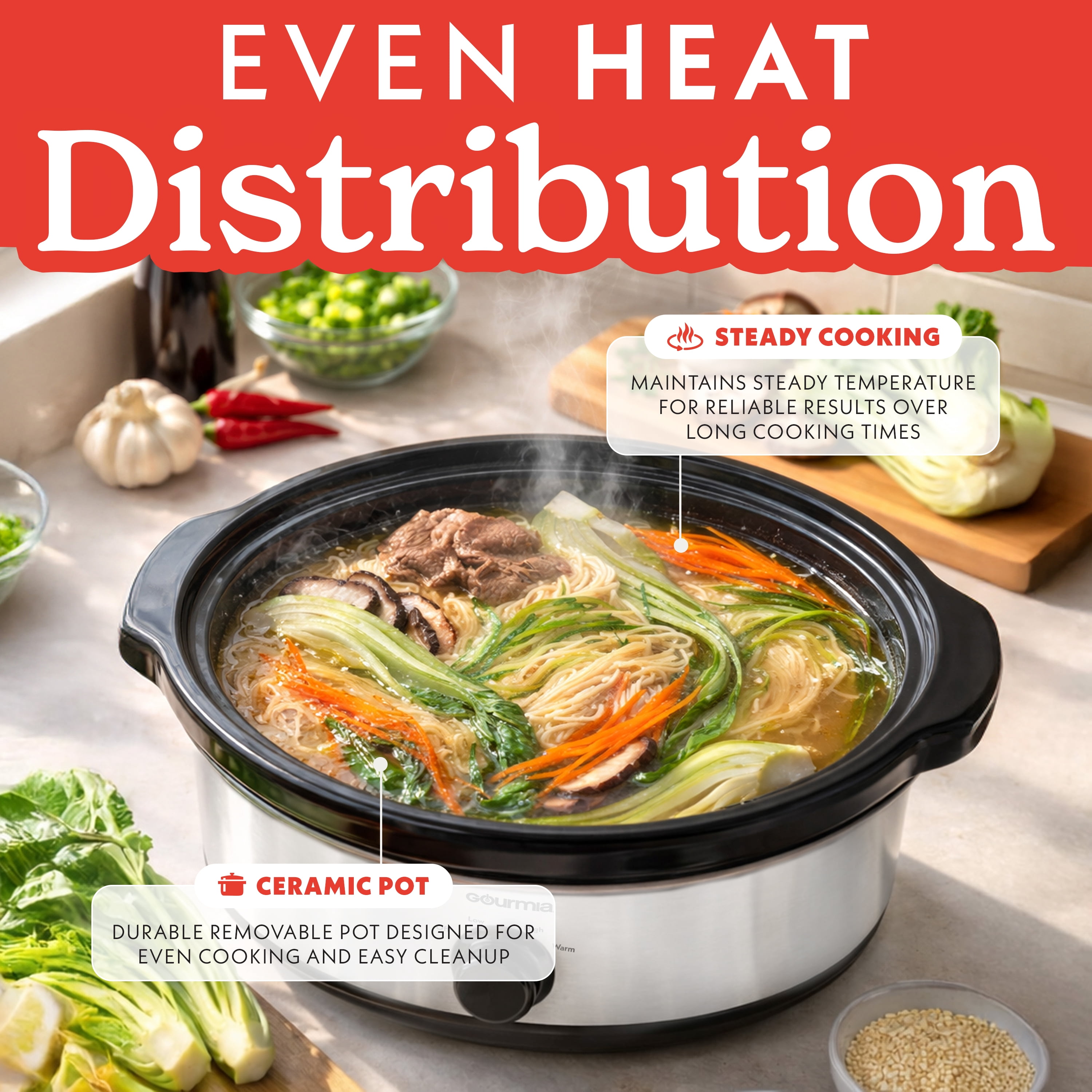 Gourmia 6 Qt Manual Slow Cooker, 3 Heat Settings, Removable Ceramic Pot, White