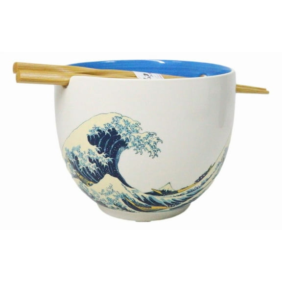 Great Wave Of Kanagawa Hokusai Ceramic Donburi Ramen Soup Bowl Chopsticks Set