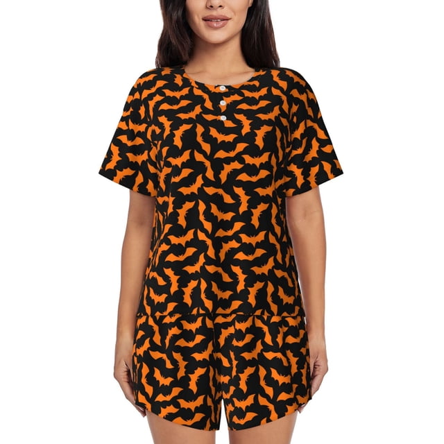 Xecao Halloween Bat Pattern Women's Short Sleeve Pajama Set Soft Sleepwear Lounge Set with Button Front Top and Drawstring Shorts with Pockets-XX-Large