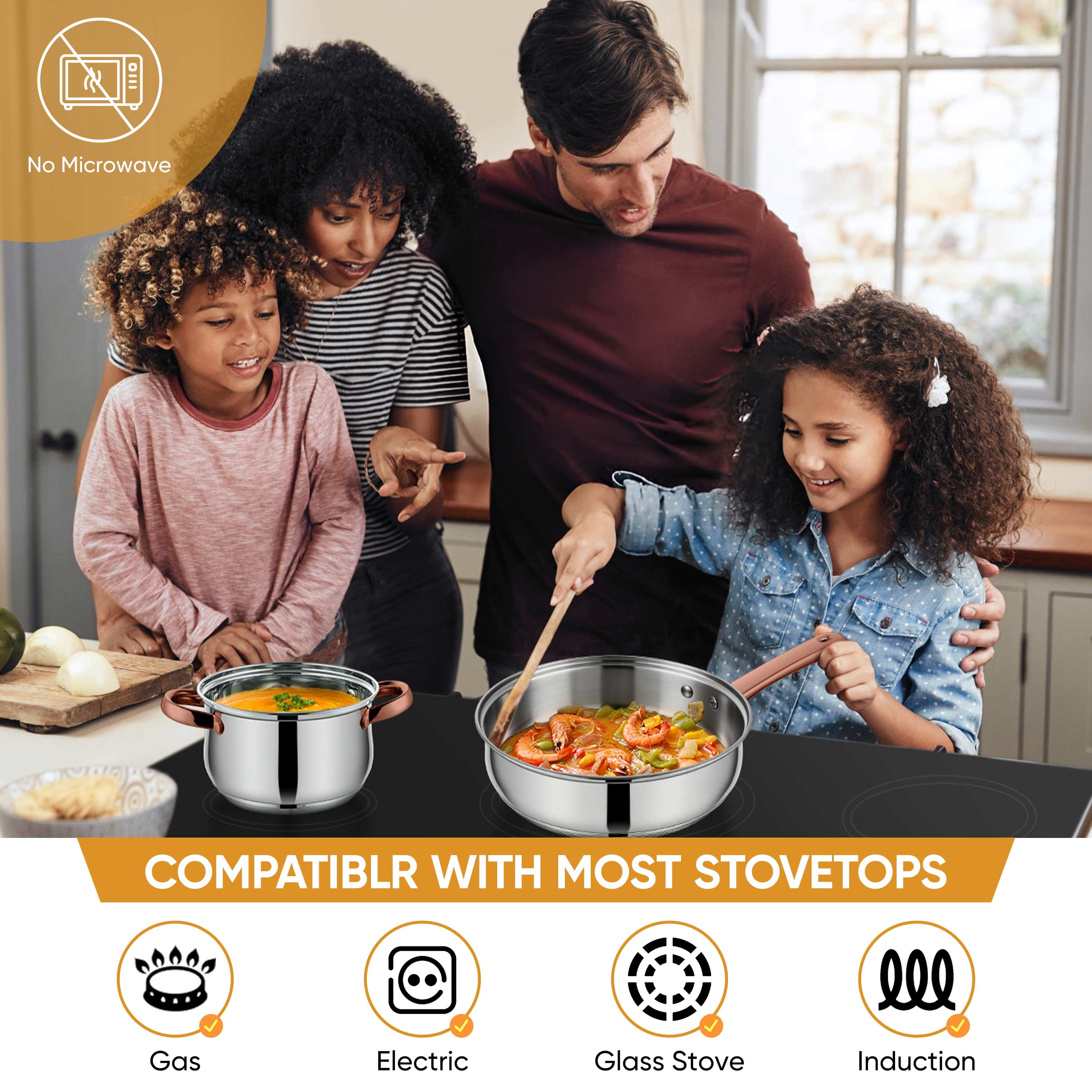 Coliware 6-Piece Rose Gold Pots and Pans Set, Stainless Steel Cookware Sets with Stock Pots Saucepans Frying Pans, Non-Stick Commercial Cooking Set Compatible with All Stovetops, Dishwasher Safe