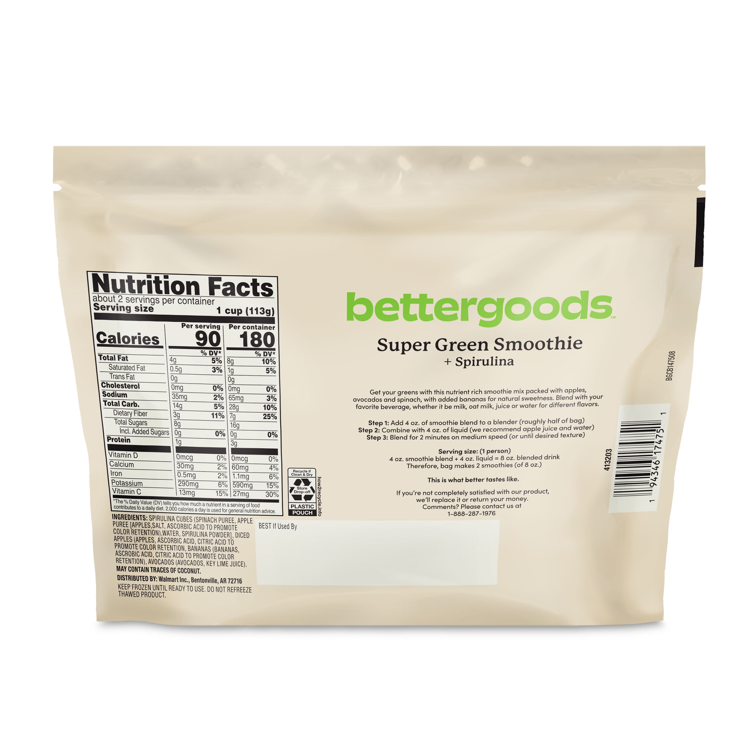 bettergoods Super Green + Spirulina Smoothie Mix, 8 oz
