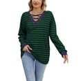 thumbnail image 3 of Fall Saving! HVOBTTY Women's Long Sleeved T Shirt, Fall Tops for Women, Women's Casual Loose Striped Patchwork V Neck Long Sleeve Shirt Navy, M, 3 of 5
