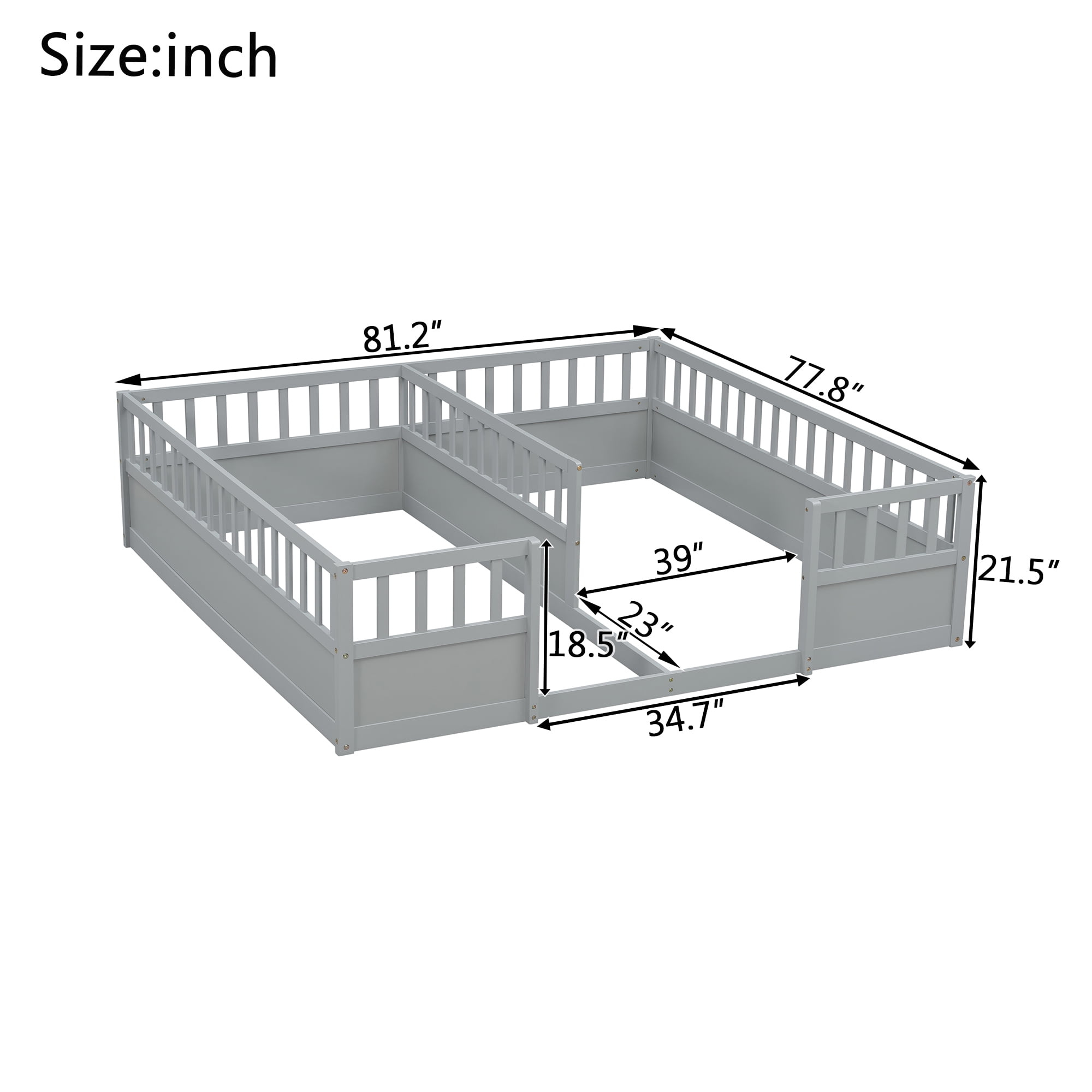 Leumius Double Pine Wood Twin Floor Bed with Semi-Enclosed Safety Guardrails, Open Entrance for Kids Bedroom Grey