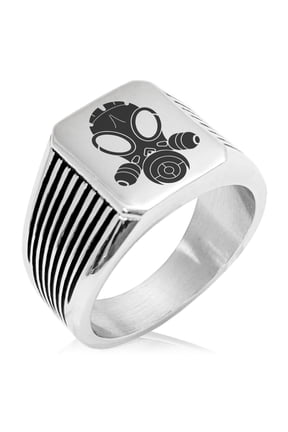 Stainless Steel Biohazard Gas Mask Needle Stripe Pattern Biker Style Polished Ring