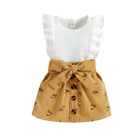 

IZhansean Princess Baby Girls Clothes Sets Ruffles Sleeveless Solid T Shirts Tops+Floral Button A-Line Skirts With Belt Yellow 3-4 Years