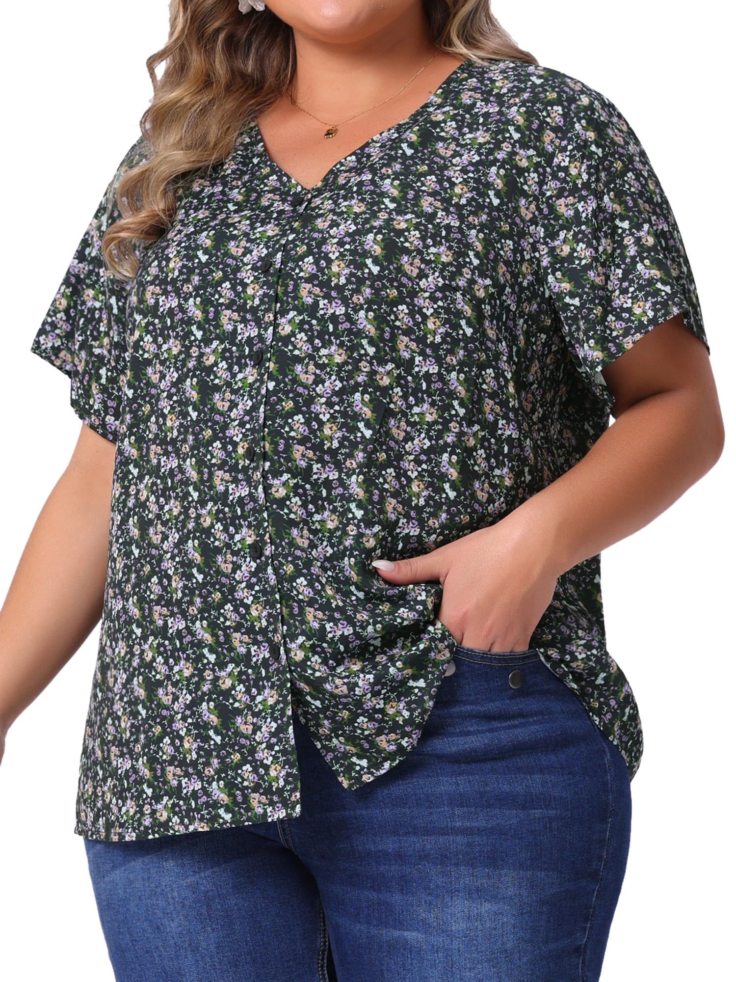 Unique Bargains Women's Plus Size V Neck Button Short Sleeve Floral Shirts 2X Black Purple