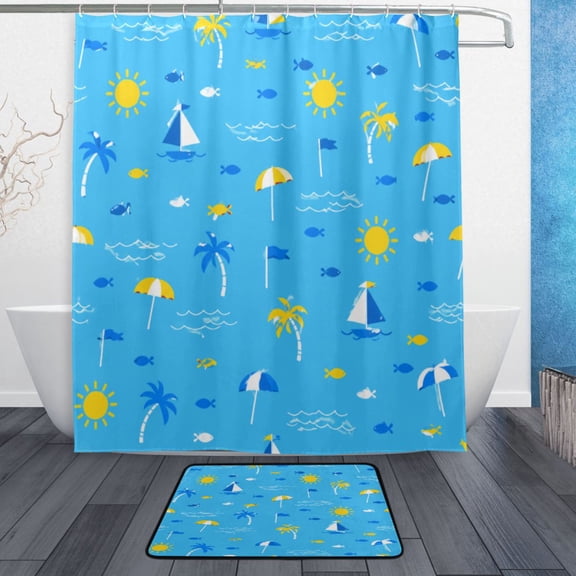 TTYFWHD 60" x 72" Shower Curtain and Bath Mat Set Blue Beach Summer Pattern Waterproof Bathroom Curtain with 12 Hooks, Bathroom Decor Set