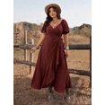 thumbnail image 4 of Red Plus Size Women Tie-Wrap Ruffle Hem Maxi Dress With Puffed Sleeves Boho Western Style, 4 of 7