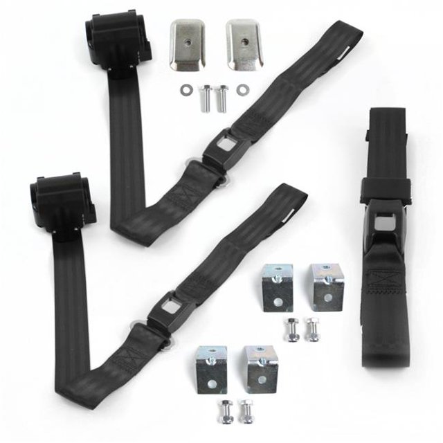 Chevy FS Blazer 1969-1972 Standard 2 Point Black Retractable Bench Seat Belt Kit with Bracketry - 3 Belts