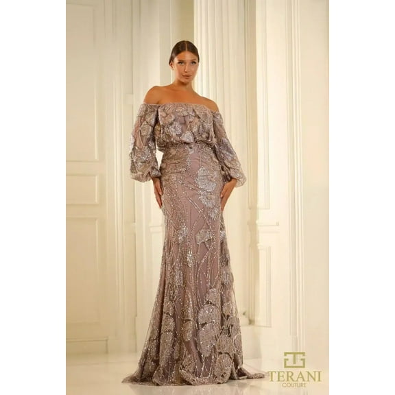 Women's Terani Couture 251m4414 Off The-shoulder Puff Sleeves Sheath Dress Light-gold 18