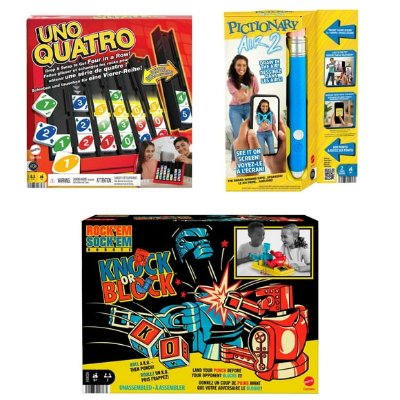 Mattel Games Bundle - UNO Quatro, Pictionary Air 2, and Rock 'Em Sock 'Em Robots Knock or Block