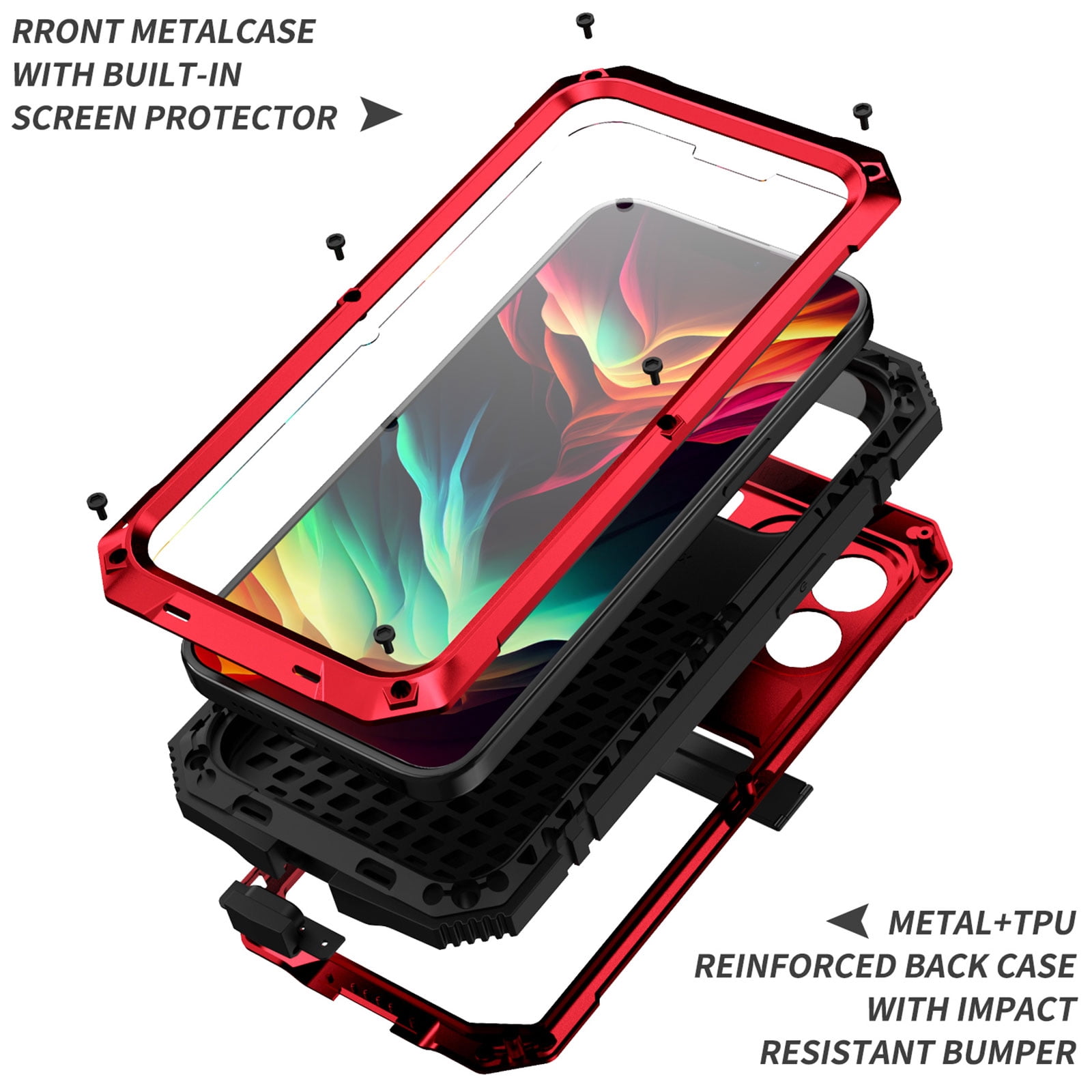 Dteck for iPhone 15 Pro Case,Outdoor Sports Military Heavy Duty Metal Cover Shockproof Dustproof Full Body Case with Built in Tempered Glass Screen Protector Hybrid Kickstand Cover,Red