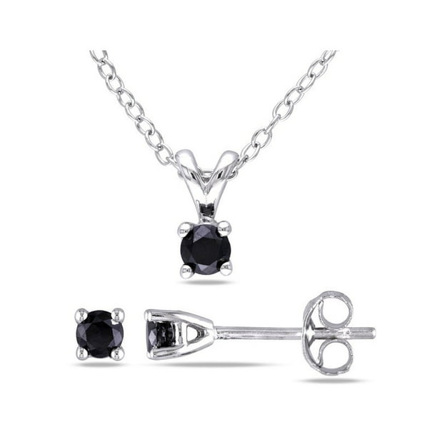 1/2 Carat (ctw) Diamant Noir Solitaire Pendentif Collier et Boucles d'Oreilles Sertie en Argent Sterling
