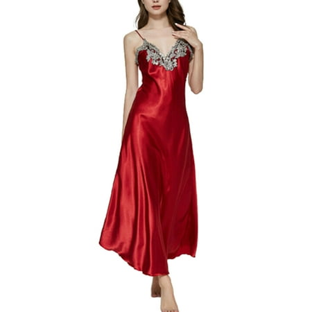 

Women Sleepwear Summer Sexy Nightgown Lace Patchwork Long Nightdress Strap Sleeveless V-Neck Red Pink Black Sleep Dress