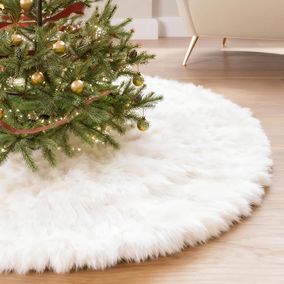 iMucci 48inch 2025 Update Wool Fur White Tree Skirt Small Christmas Tree Skirt Snowy White Plush Velvet Christmas Tree Skirt Holiday Party Decoration