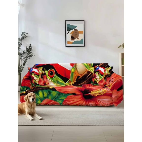 Puerto Rico Flag Sofa Covers for 2-3 Cushion Couch L-Shaped Sectional, Frog Red Flower Summer Leaf Washable Sofa Covers Slipcover for Living Room Furniture, Couch Cover Blanket 71"x134"