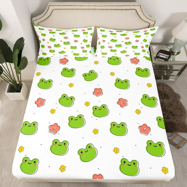YST Frog Drap-Housse Mignon Draps de Lit Floraux Colorés 2 Pcs Enfants Garçons Filles Ensembles de Literie Kawaii Simple, Housse de Lit Animal Dessin Animé Rouge Vert Blanc Microfibre Respirante