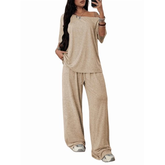 Women's 2 Piece Lounge Sets Off Shoulder Oversized Short Sleeve Tops Casual Wide Leg Pant Set Khaki S
