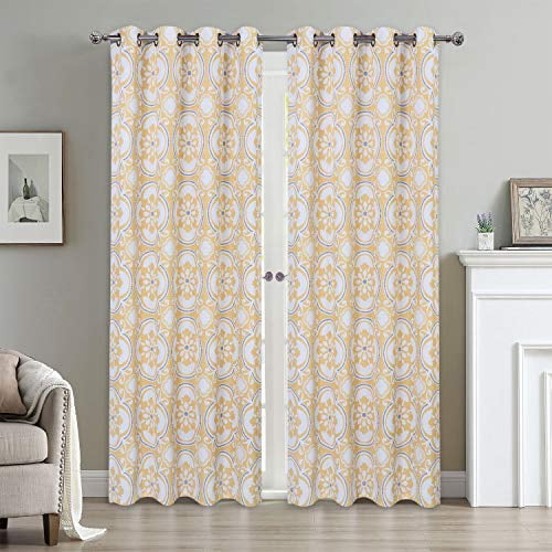 Medallion Blackout Curtains, Floral Print Thermal Insulated Blackout Window Curtains for Bedroom,Grommet Top Curtains, W52 x L84 Inch, 2 Panels, Yellow/Grey