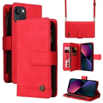 Mantto iPhone 13 Cover, Wallet Card Slot Crossbody/Shoulder Strap   Wristlet Strap Magnetic Flip Premium PU Leather Zipper Pocket With Kickstand For Apple iPhone 13,
Red