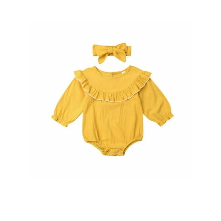 

Newborn Toddler Baby Girls Ruffle Romper Long Sleeve Cotton Bodysuit Jumpsuit with Headband Clothes Set