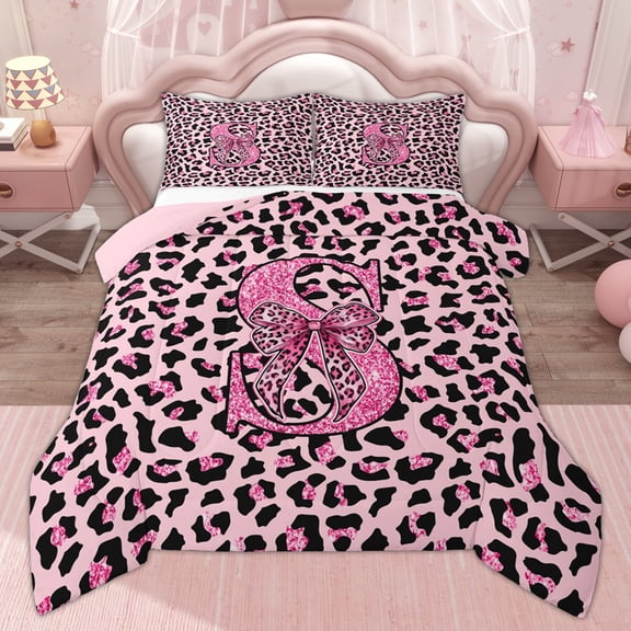 Erosebridal Pink Glitter Leopard Print Full Size Comforter Sets, Bow Monogrammed S Kids Bedding Sets, 3 Pieces