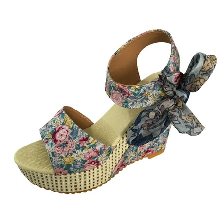 CHOII 50% Clearance High-heeled Shoes Fishmouth Wedges High-heeled Shoes Women s Shoes Sandals Colorful Floral Print Elegant Fashion Ankle Strap Sandals Comfort Sandals Blue/6