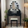 thumbnail image 2 of GloryStar Girls Vanity Desk Set, Wood Makeup Dressing Table with Oval Mirror and Lights, Stool, 3 Colors Lighting Modes, Vanity Table with 5 Drawers, Makeup Vanity Set with Mirror and Stool for Girls, 2 of 7