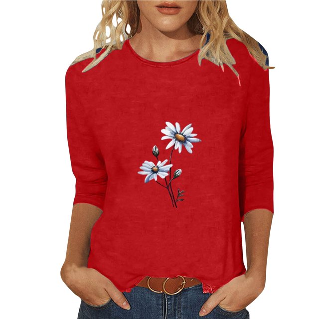 QIPOPIQ Hauts pour Femmes Chemises à Manches 3/4 Col Rond Blouses Amples Décontractées T-Shirts à Imprimé Marguerites Liquidation