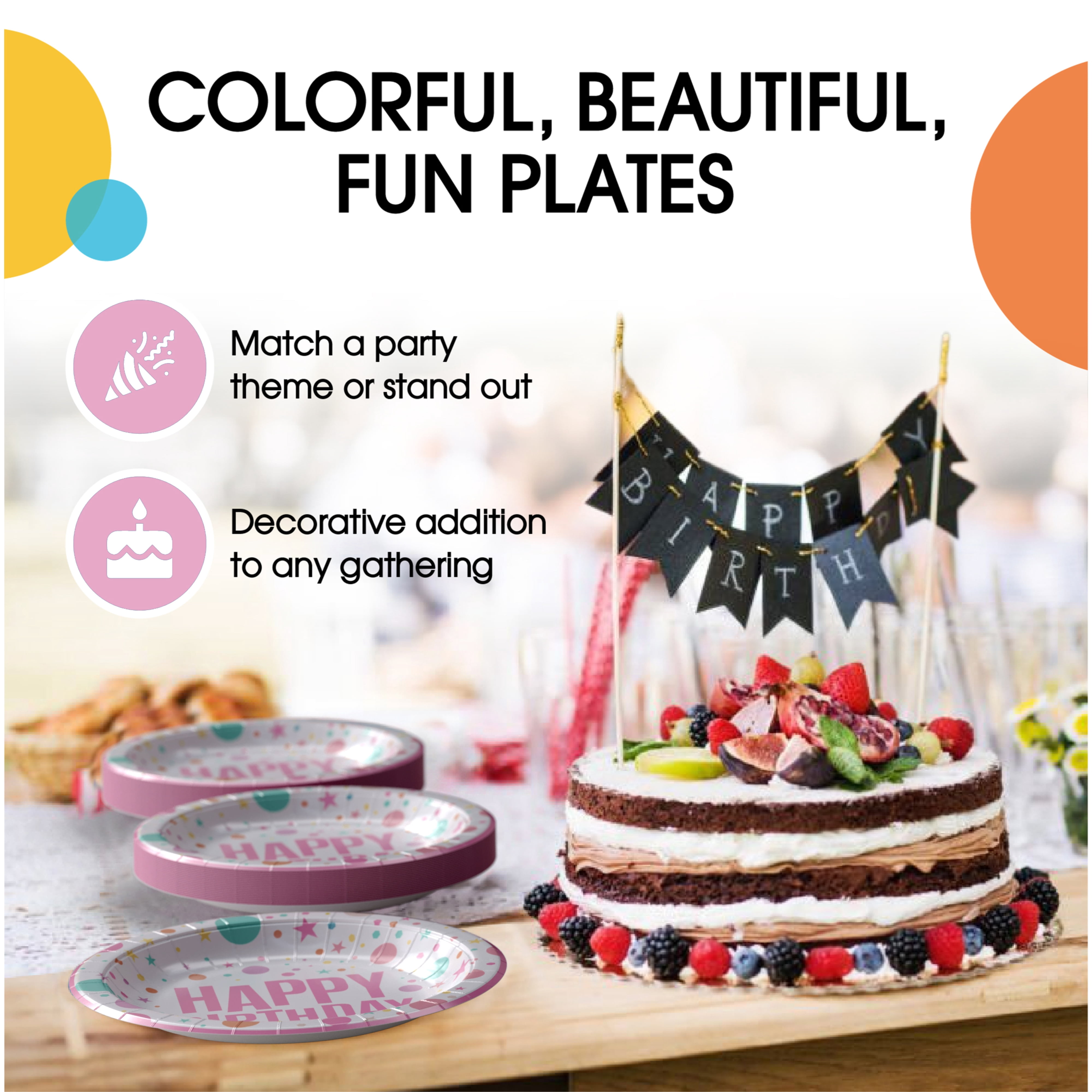 Exquisite 7 In. Pink Birthday Print Party Paper Plates - 100 Ct.