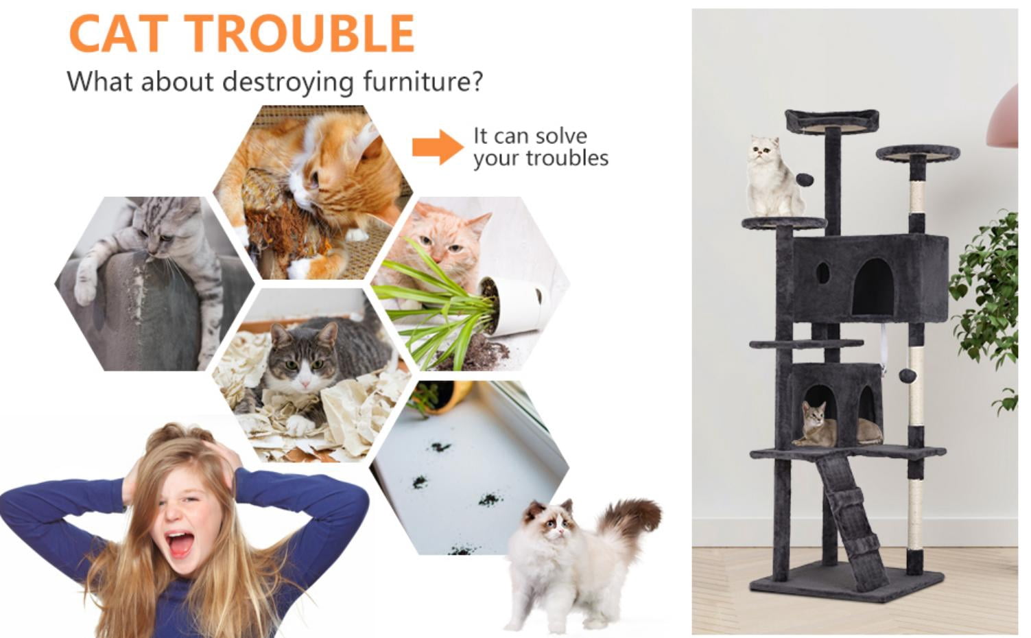 Dkelincs 70"H Large Multilevel Cat Tree, Double Condo Cat Tower with Scratching Post Tower & 3 Top Perches, Dark Gray