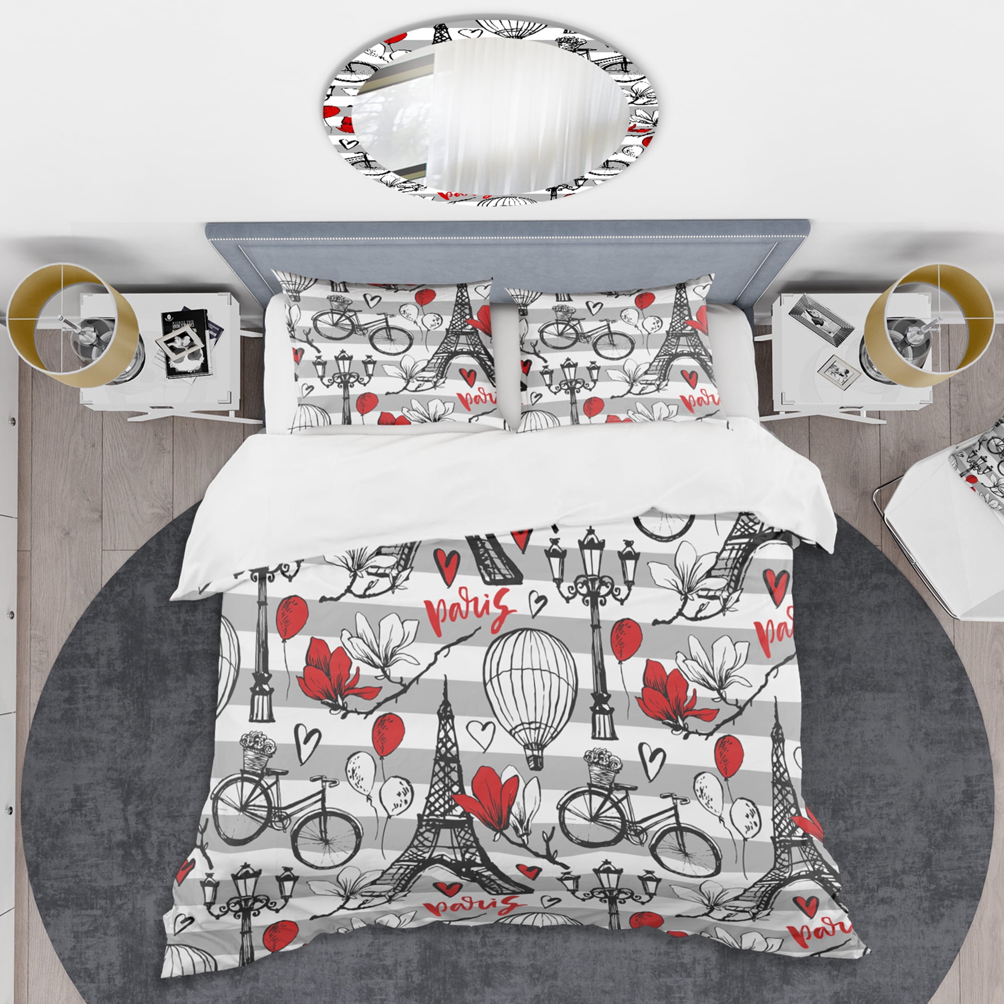 Designart 'Paris Eiffel Red Hearts II' Mid-Century Modern Duvet Cover Set