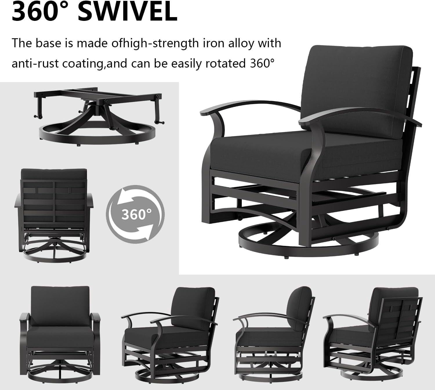 ASJMR 3PCS Outdoor Aluminum Swivel Rocking Chairs, 2-Person Patio Furniture Conversation Set with Coffee Table and Cushions, Black