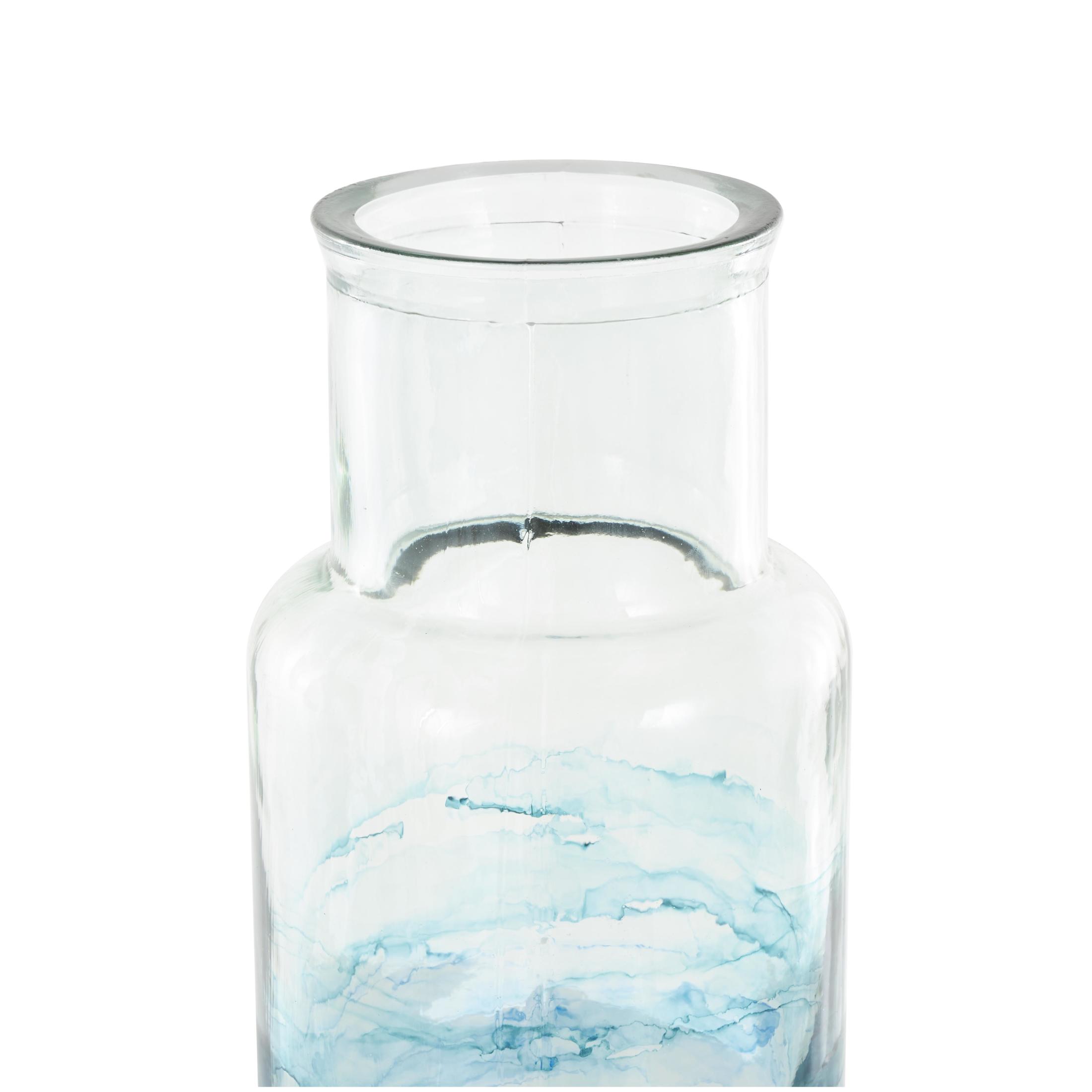 DecMode 18" Abstract Handmade Slim Spanish Bottle Neck Blue Recycled Glass Vase with Ombre Swirled Bands