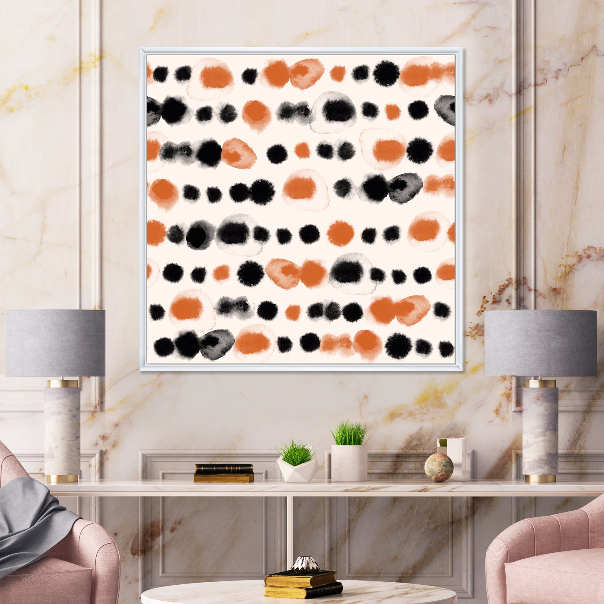 Designart 'Orange and Black Polka Dots' Modern Framed Canvas Wall Art Print