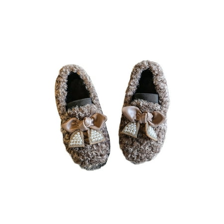 

Eloshman Kids Mary Jane Fleece Dress Shoes Bowknot Flats Party Fluffy Slip On Princess Shoe Comfortable Khaki 12C