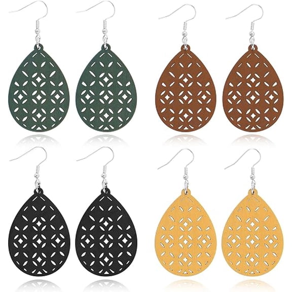 4 Pairs Wooden Different Shapes Earrings Bohemian Hollow Wooden African Dangle Drop
