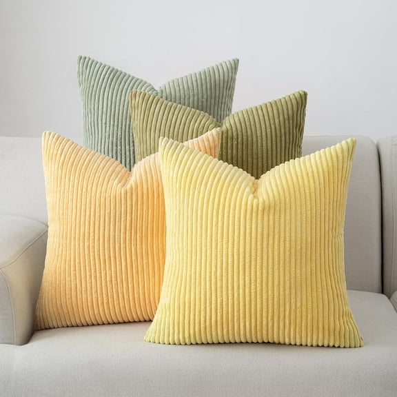 Set of 4 Yellow Green Corduroy Decorative Couch Throw Pillow Covers 20x20 Inch, Western Modern Farmhouse Striped Cushion Cases, Soft Boho Square Accent Pillow Covers for Home Sofa
