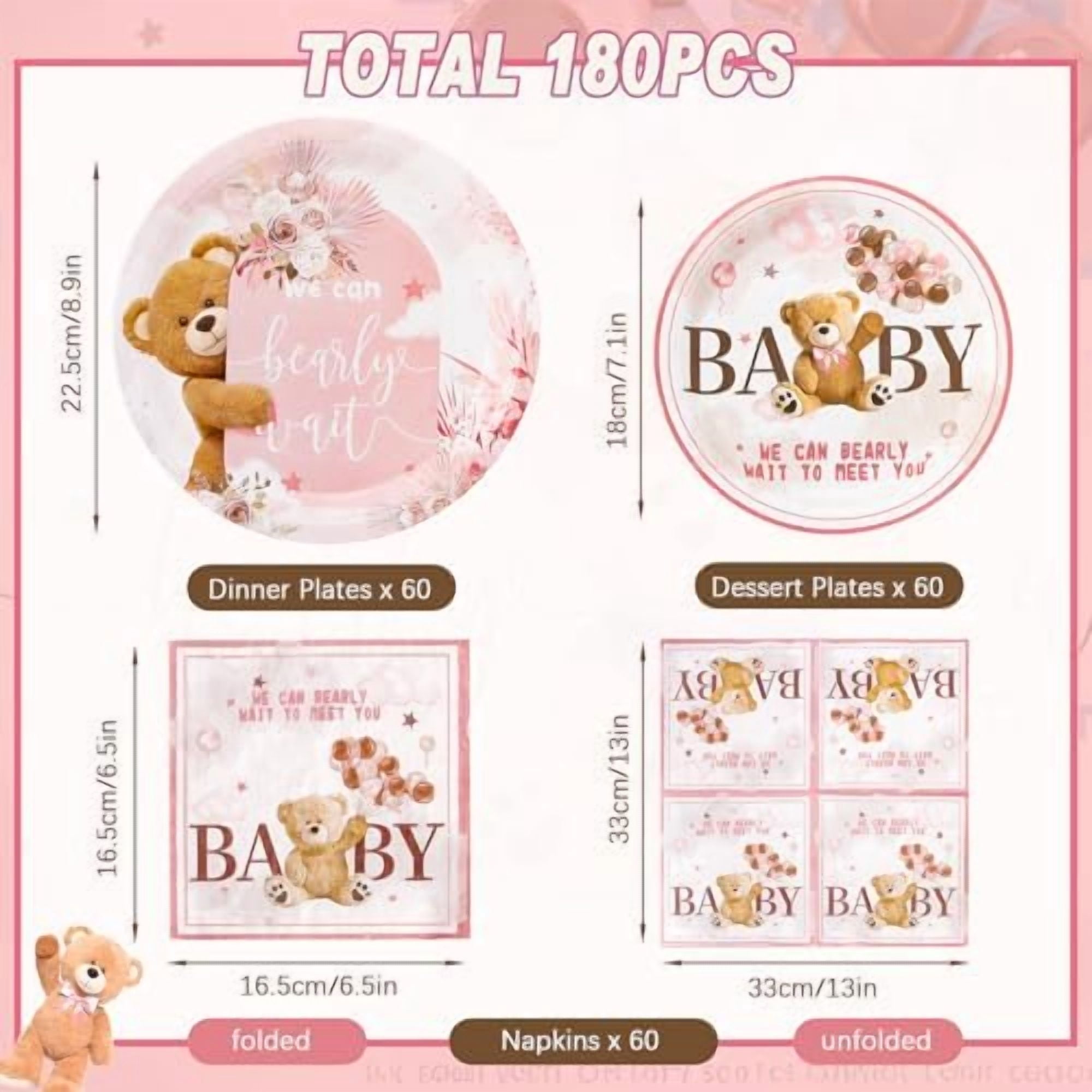 180PCS We Can Bearly Wait Baby Shower Decorations – Pink Bear Paper Plates and Napkins Set, Disposable Party Tableware Supplies for Girl Baby Shower$$Home Decor, Kitchen, & Other