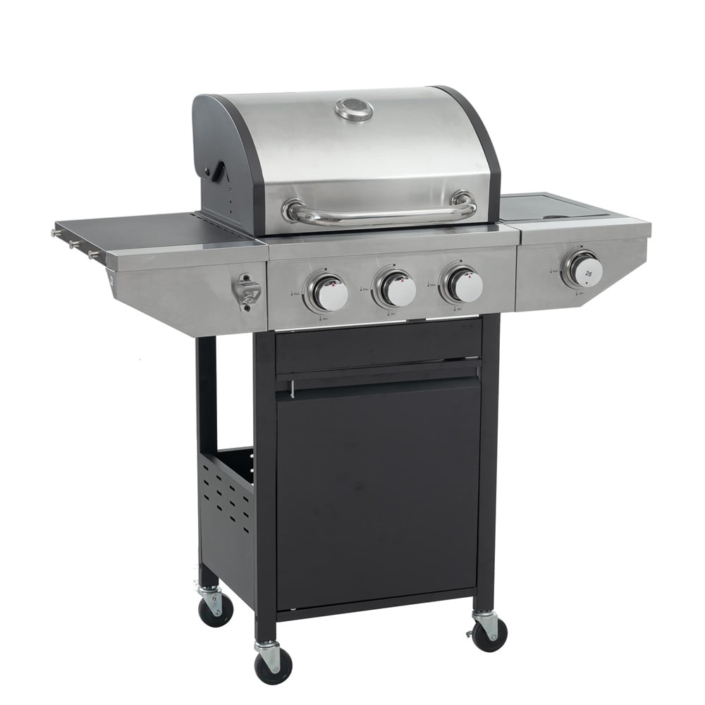 Tcbosik 3 Burner BBQ Propane Gas Grill w/Lockable Wheels, 37,000 BTU Stainless Steel Barbecue Grill with Thermometer, Hooks, Bottle Opener and Side Storage Shelves for Outdoor Garden Patio, Silver