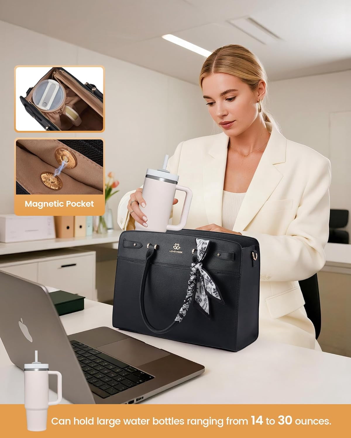 LOVEVOOK Laptop Tote Bag for Women, PU Leather Work Bag Waterproof Briefcase Handbag for Teacher Business with Silk Scarf