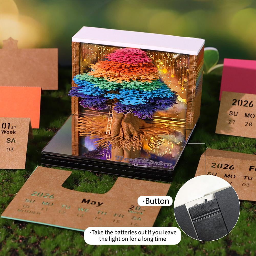 2026 Tear Away Mini Desk Calendar Memo Notepad with LED Pad, Featuring Tree Theme and Bright Colors for Desk Use